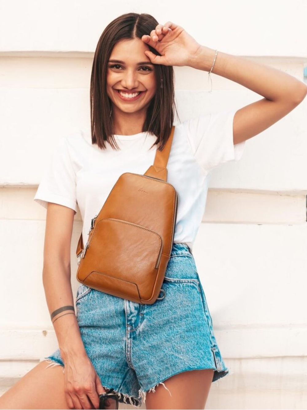 S-ZONE Sling Bag RFID Blocking Genuine Leather Crossbody Backpack Cognac Brown